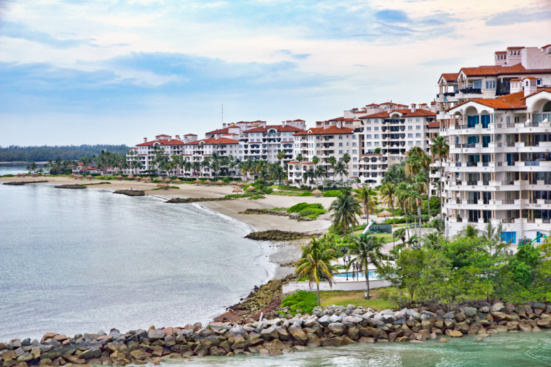 Condominiums on Fisher Island lining the pristine, sandy beaches along the east side of the island
