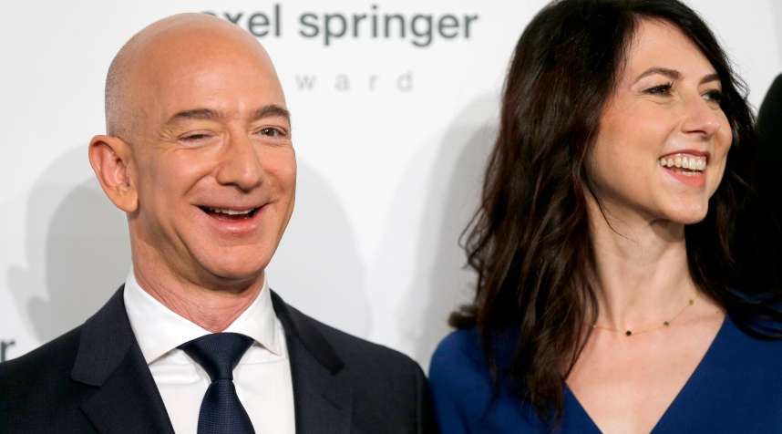 BERLIN, GERMANY - APRIL 24: Jeff Bezos and his wife MacKenzie Bezos attend the Axel Springer Award 2018 on April 24, 2018 in Berlin, Germany. Under the motto  An Evening for  Jeff Bezos receives the Axel Springer Award 2018. (Photo by Franziska Krug/Getty Images)