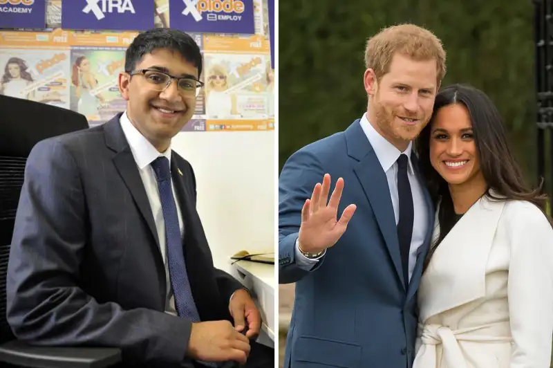 (left) Saeed Atcha; (right) Prince Harry and Meghan Markle in the Sunken Garden at Kensington Palace, London, after the announcement of their engagement.