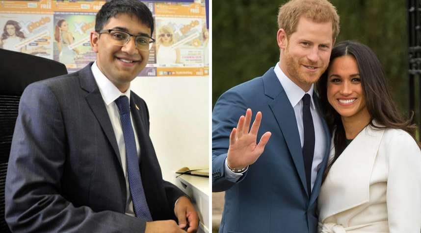 (left) Saeed Atcha; (right) Prince Harry and Meghan Markle in the Sunken Garden at Kensington Palace, London, after the announcement of their engagement.