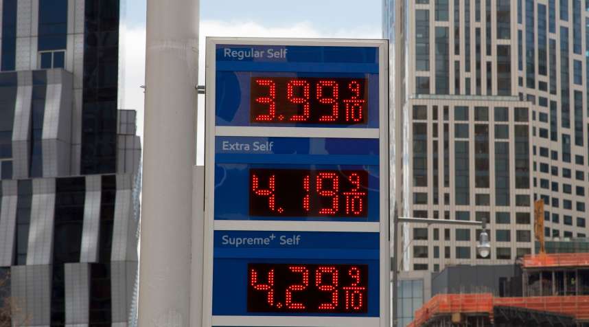 Gas prices are displayed at a Mobil station, in New York, April 18, 2018.