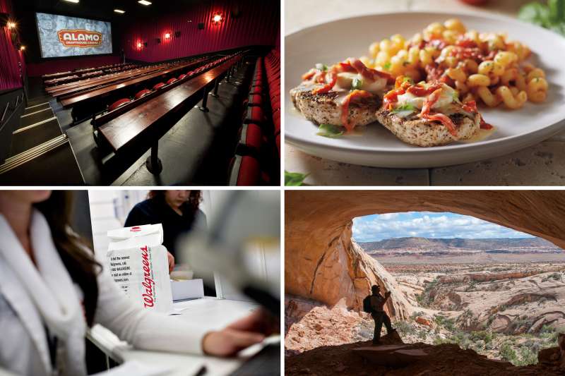 (clockwise from top left) Alamo Drafthouse South Lamar; Chicken Bryan, Carrabba's Italian Grill; Fishmouth Cave, Comb Ridge in Butler Wash, Bears Ears National Monument, Utah; Walgreen's