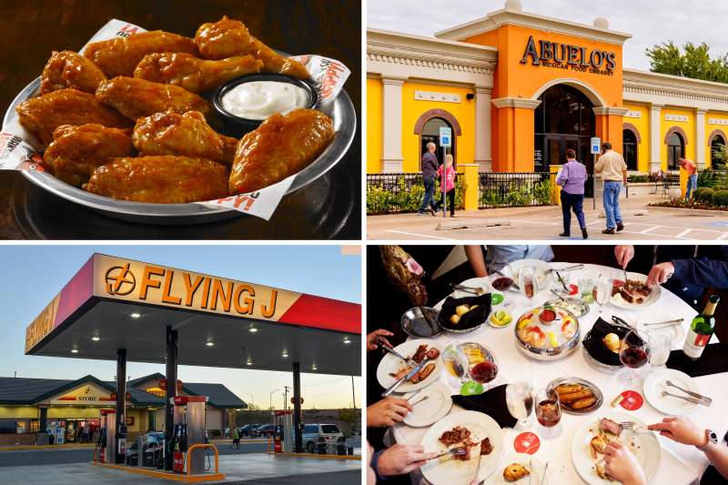 (clockwise from top left) Buffalo wings at Hooters; Abuelo's Mexican Food Embassy, Fogo de Chao, Pilot Flying J Travel Center