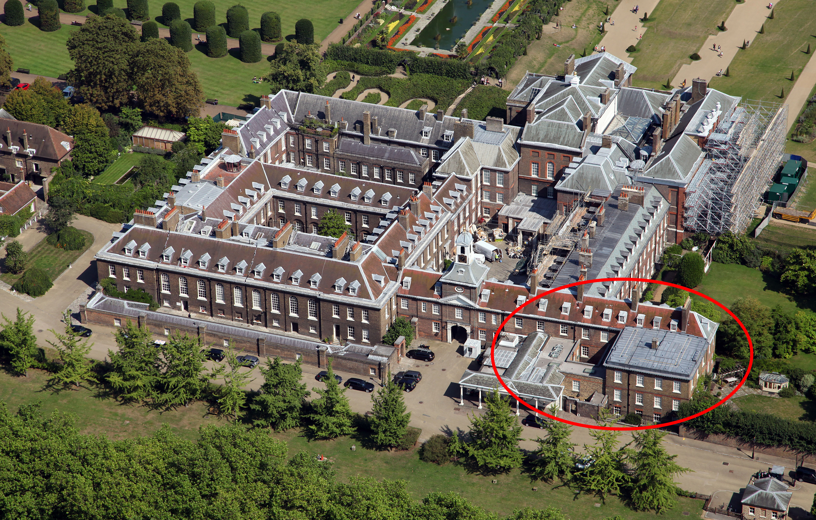 aerial view of Kensington Palace in London, home of Prince William and Kate Middleton the Duchess of Cambridge