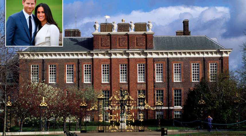 Kensington Palace southern facade, London; (inset) Prince Harry and Meghan Markle