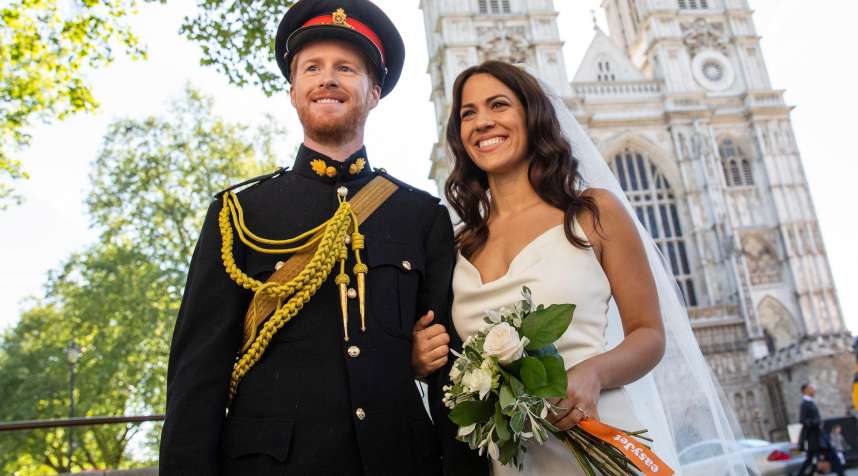 Lookalikes of Prince Harry and Meghan Markle pose for photographs outside Westminster Abbey one week before the Royal Wedding will take place in Windsor.
                      Prince Harry and Meghan Markle lookalikes, Westminster, London, May 14, 2018