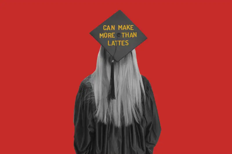 photo illustration of graduate wearing can make more than lattes decoration on cap