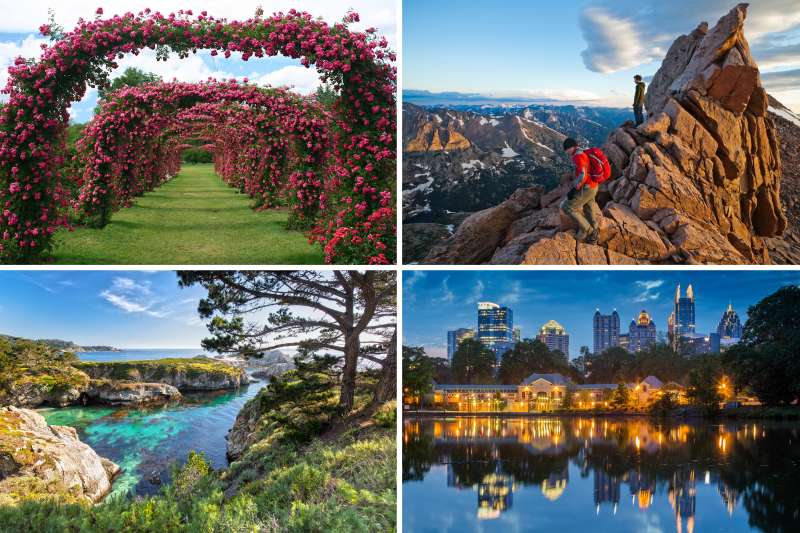 (clockwise from top left) Elizabeth Park, Rocky Mountain National Park, Piedmont Park, Point Lobos State National Reserve