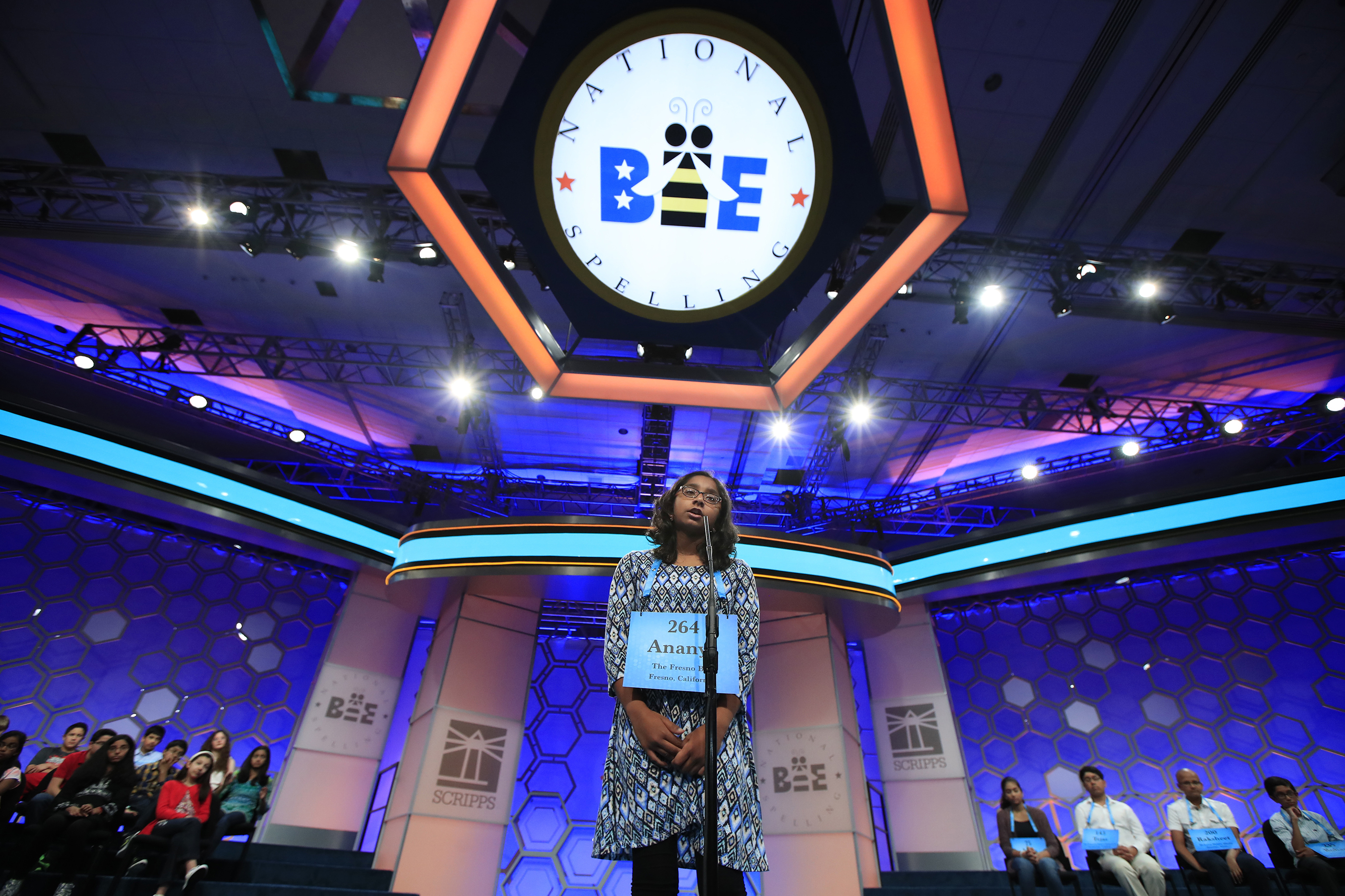 Ananya Vinay, 12, from Fresno, Calif., spells her word during the finals of the 90th Scripps National Spelling Bee, in Oxon Hill, Md, June 1, 2017.