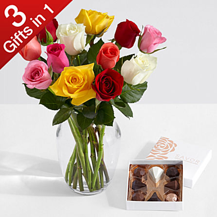 12 long-stemmed rainbow Mother's Day roses with ginger vase and chocolates, $34.99
