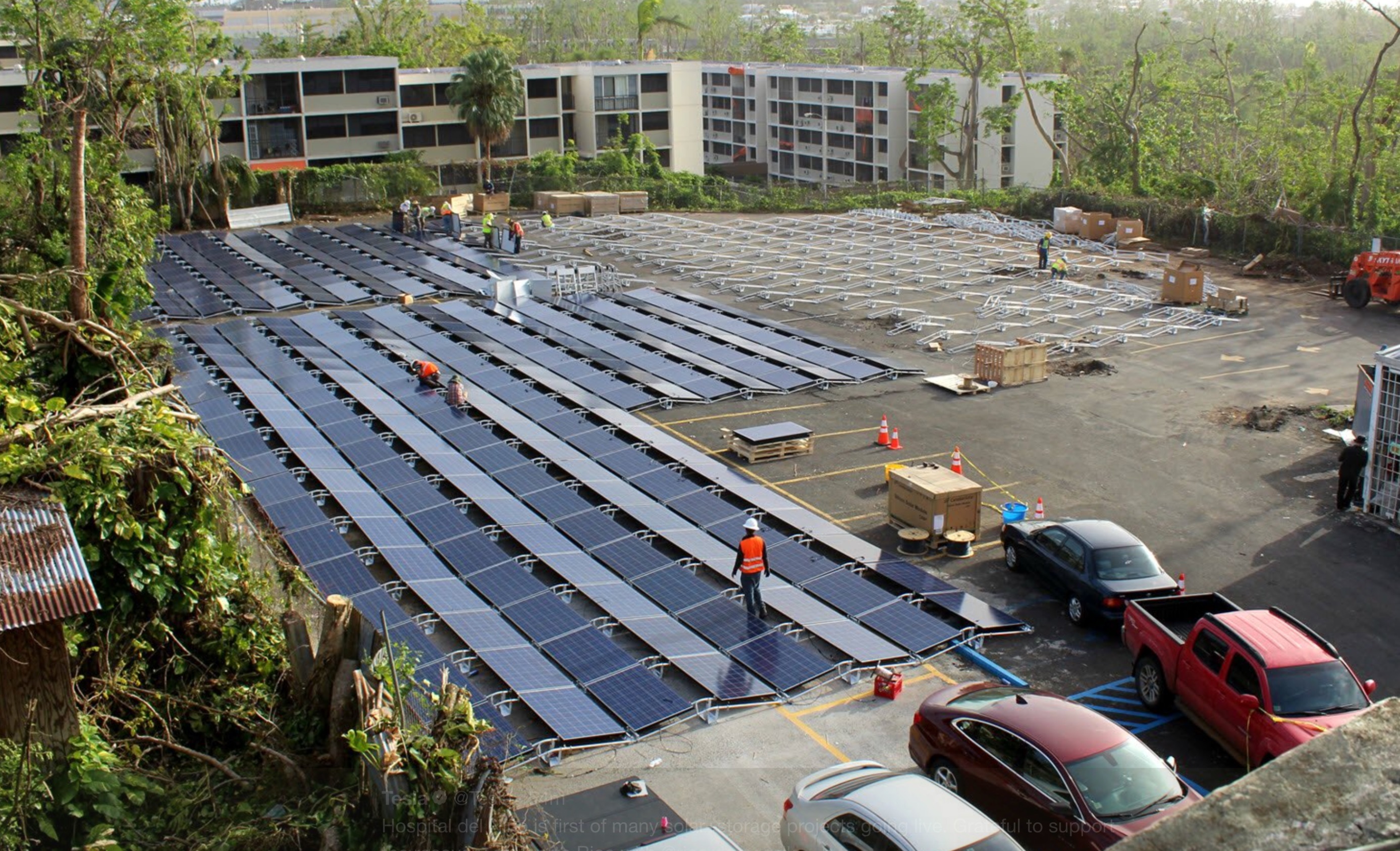Solar panels set up by Tesla, are seen at the San Juan Children's Hospital, after the island was hit by Hurricane Maria in September, in San Juan, Puerto Rico, 2017.