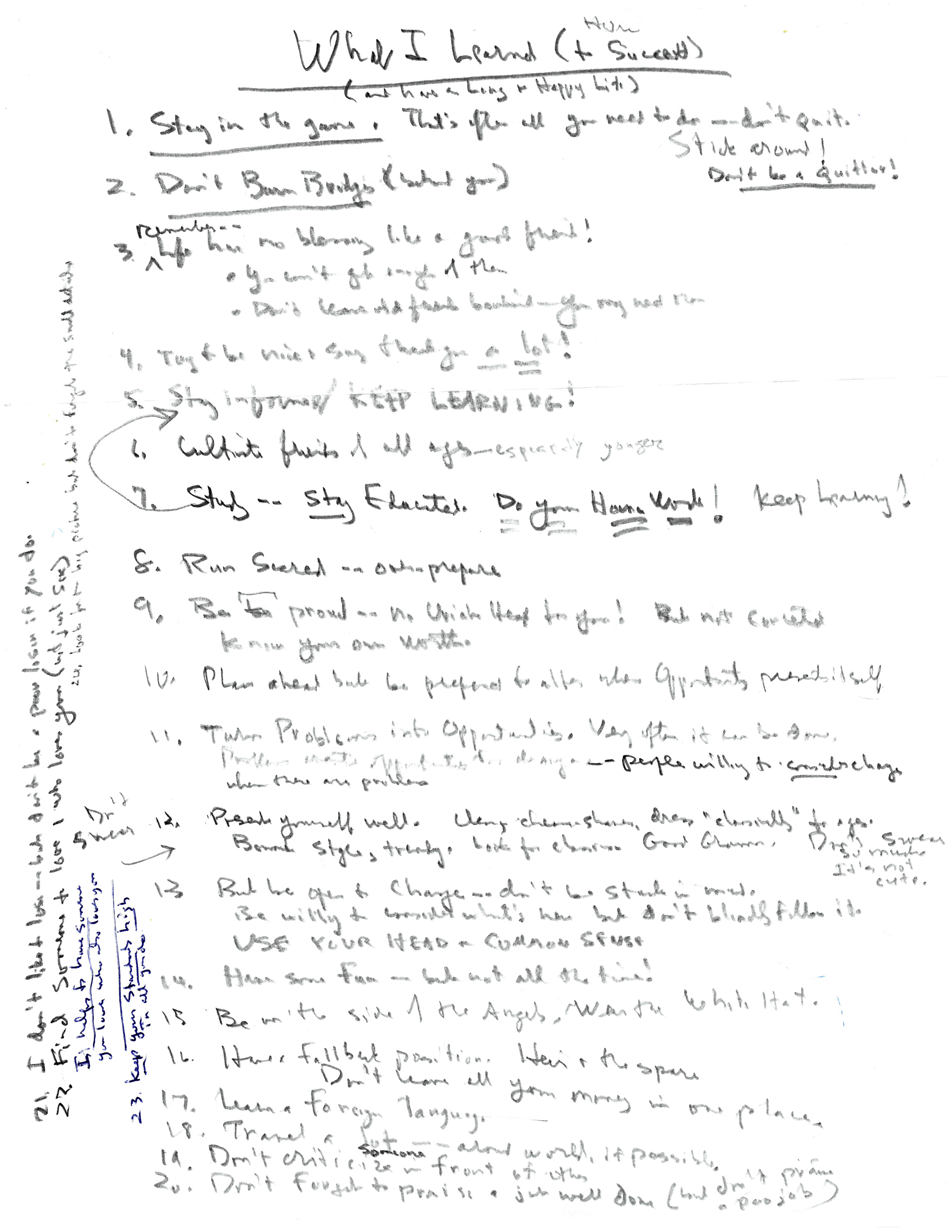 Richard Jenrette's handwritten note titled 'What I Learned (How to Succeed)'