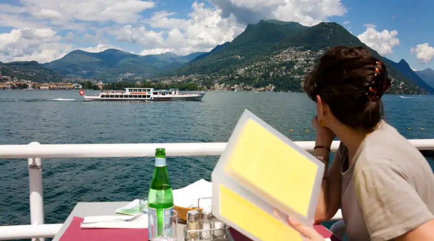 A restaurant overlooking a lake, Lugano, Ticino, Switzerland