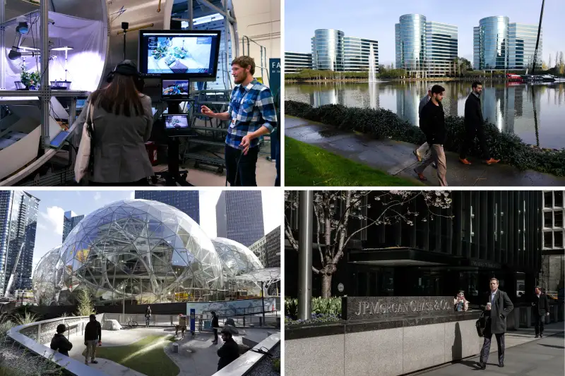 (Clockwise from top left) Lockheed Martin, Oracle, JP Morgan Chase & Co., Amazon