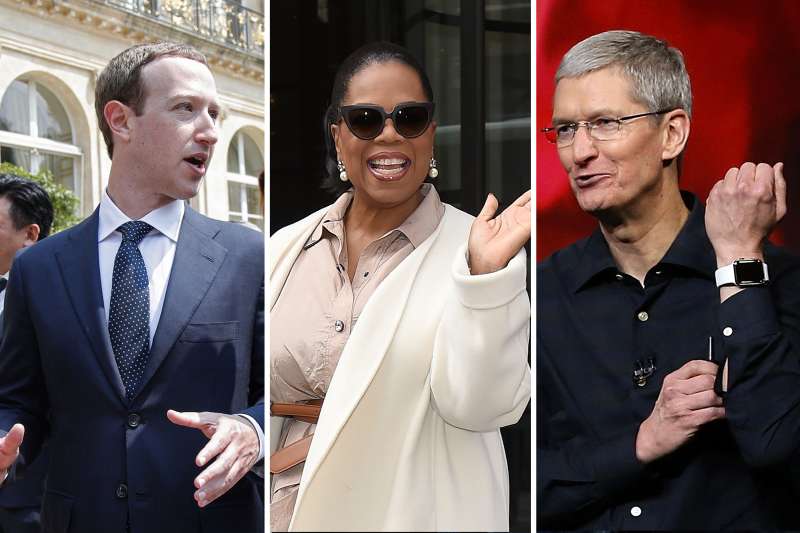 (left to right) Mark Zuckerberg, Oprah Winfrey, Tim Cook
