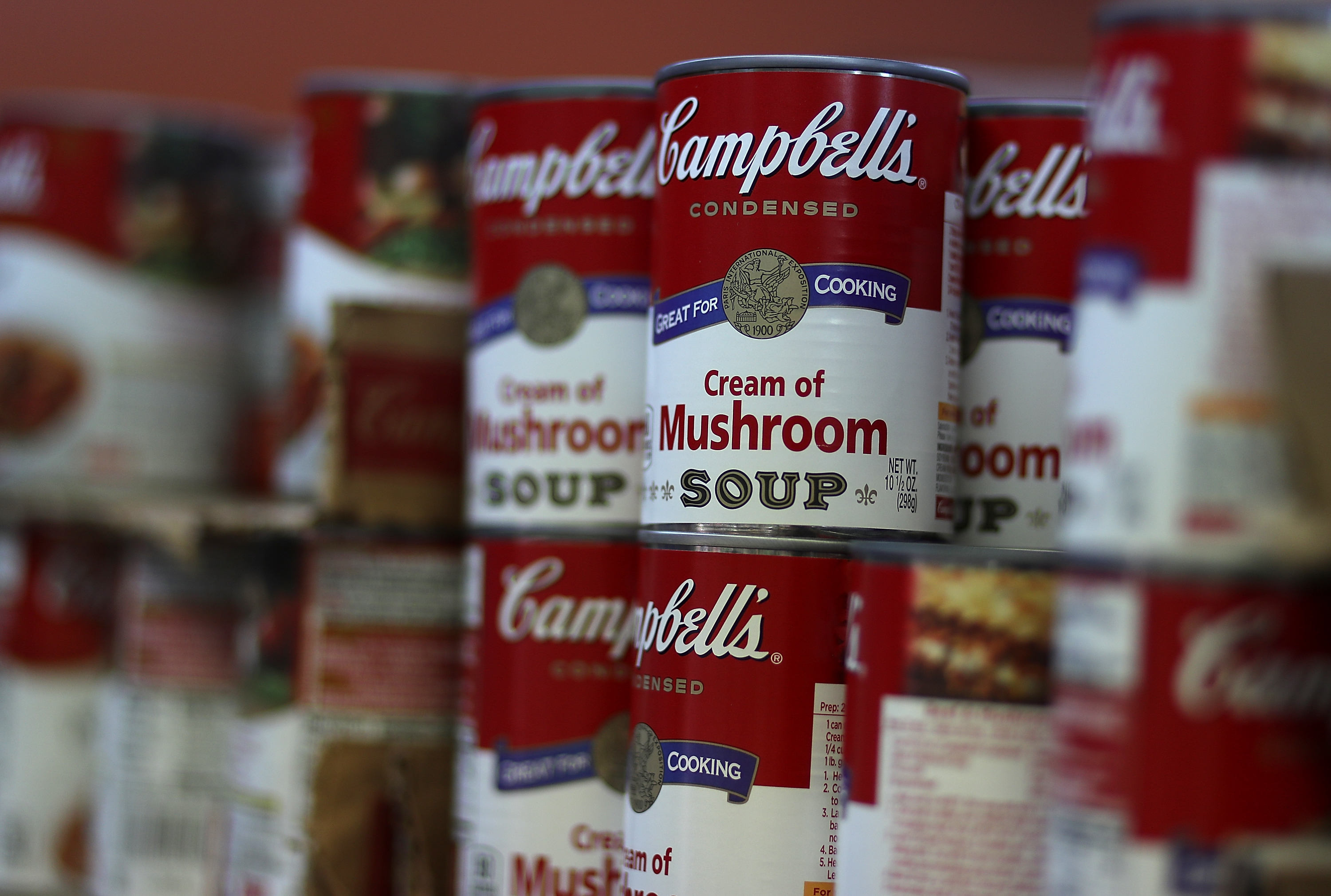 Cans of Campbell's soup are displayed on a supermarket shelf on May 20, 2016 in San Rafael, California.