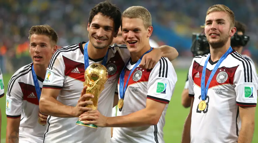 Members of Team Germany celebrate their win in the 2014 World Cup Final in Brazil.