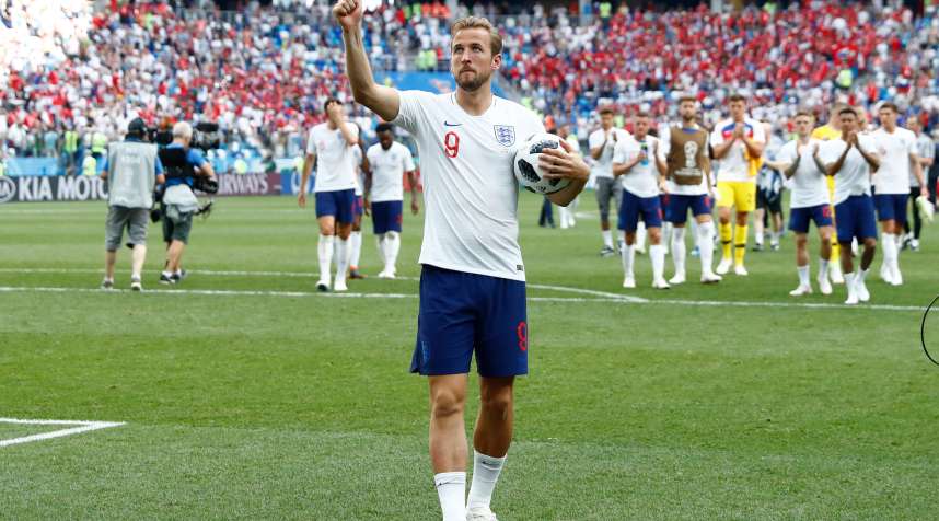 Harry Kane of England celebrates after scoring a hat trick in his team's 6-1 win over Panama in the 2018 World Cup in Russia.