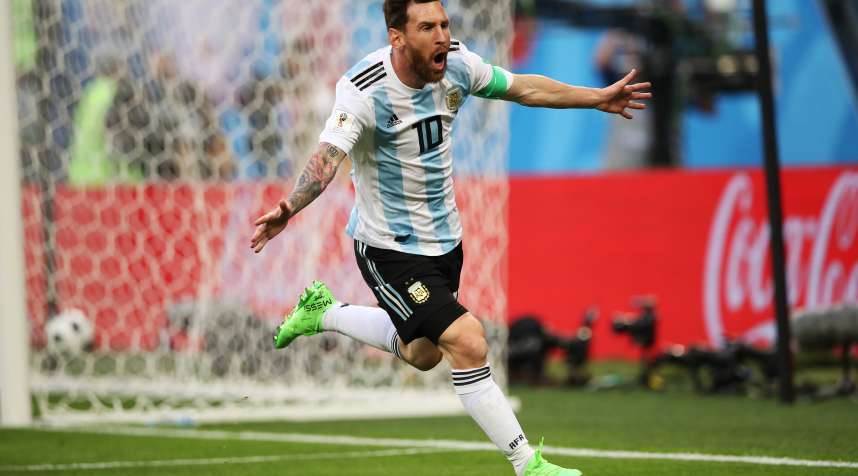 Lionel Messi of Argentina celebrates after he scores the opening goal during the 2018 FIFA World Cup match between Nigeria and Argentina on June 26, 2018 in Russia.