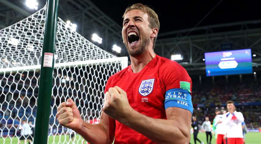 Harry Kane of England celebrates victory following the 2018 FIFA World Cup Russia Round of 16 match between Colombia and England at Spartak Stadium on July 3, 2018 in Moscow, Russia.