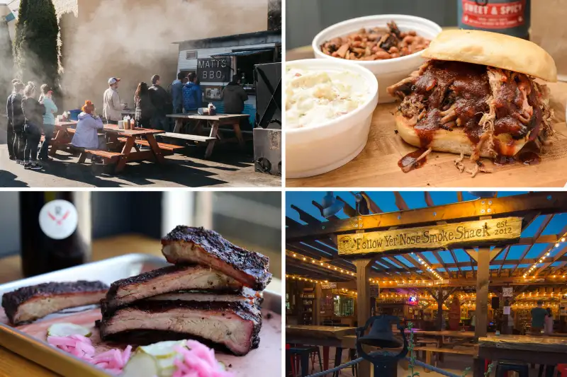 (clockwise from top left) Matt's BBQ, Meat Boss; Follow Yer Nose Smoke Shack; Revenge BBQ;