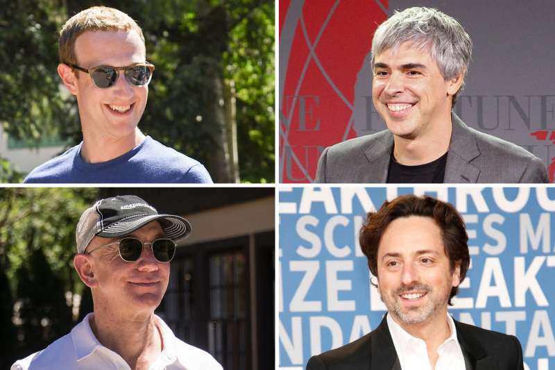 (clockwise from top left) Mark Zuckerberg, Sergey Brin, Larry Page, Jeff Bezos