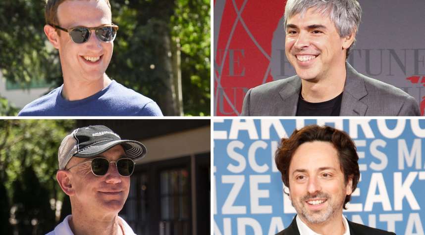 (clockwise from top left) Mark Zuckerberg, Sergey Brin, Larry Page, Jeff Bezos