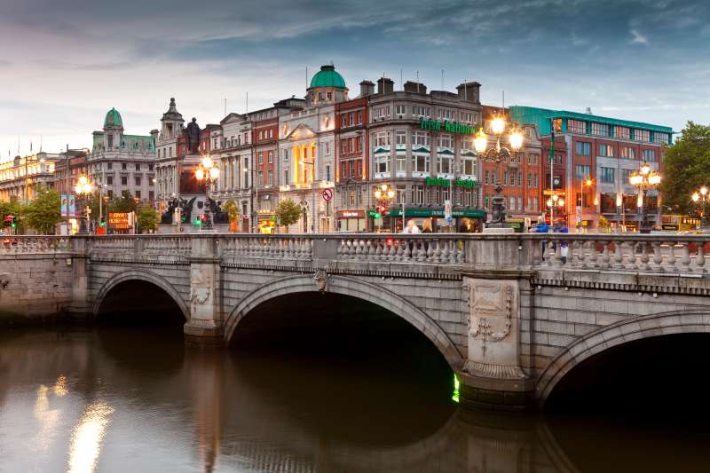 O'Connell Bridge over Liffey River and buildings on Bachelor's Walk and O'Connell Street.