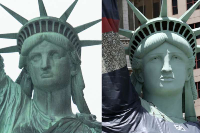 The original Statue of Liberty, left, and the Las Vegas replica.