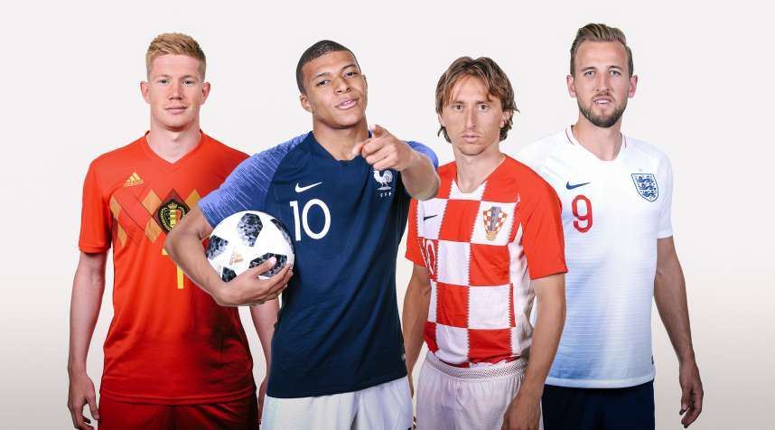 Composite of players from four teams that remain alive in the World Cup 2018: Kevin De Bruyne of Belgium, Kylian Mbappe of France, Luka Modric of Croatia, and Harry Kane of England.