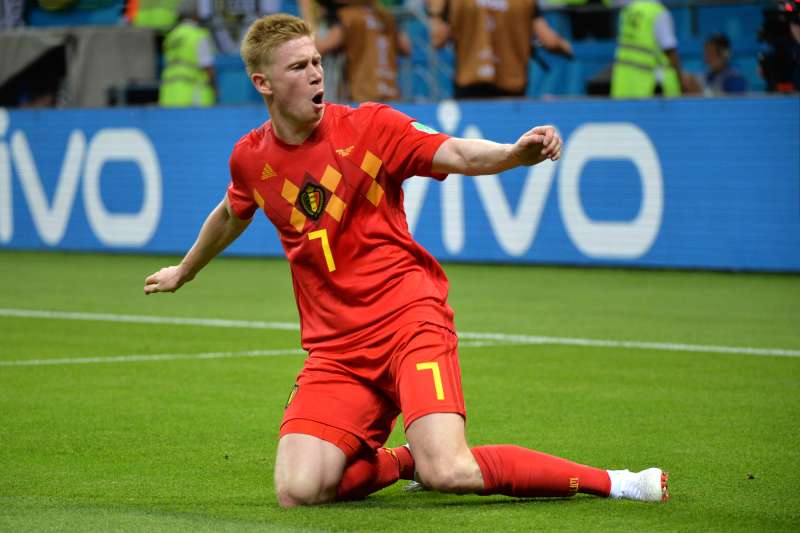 Kevin De Bruyne celebrates after scoring a goal during the 2018 FIFA World Cup match between Brazil and Belgium. The France vs. Belgium semifinal takes places Tuesday, July 10.