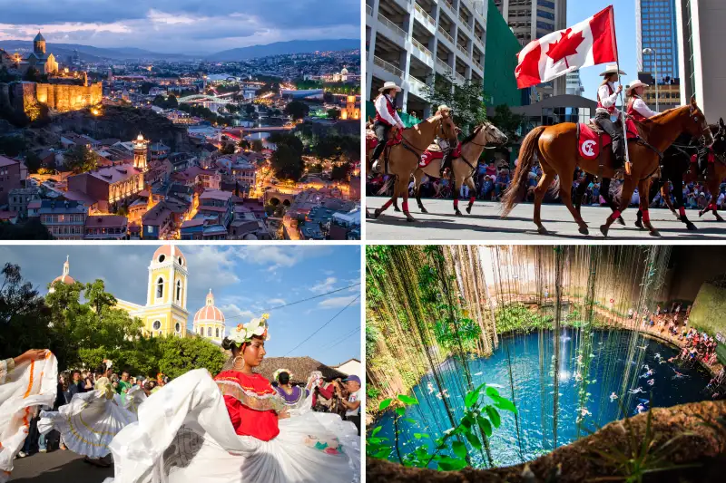 (Clockwise from top left) Tbilisi, Calgary, Merida, Granada