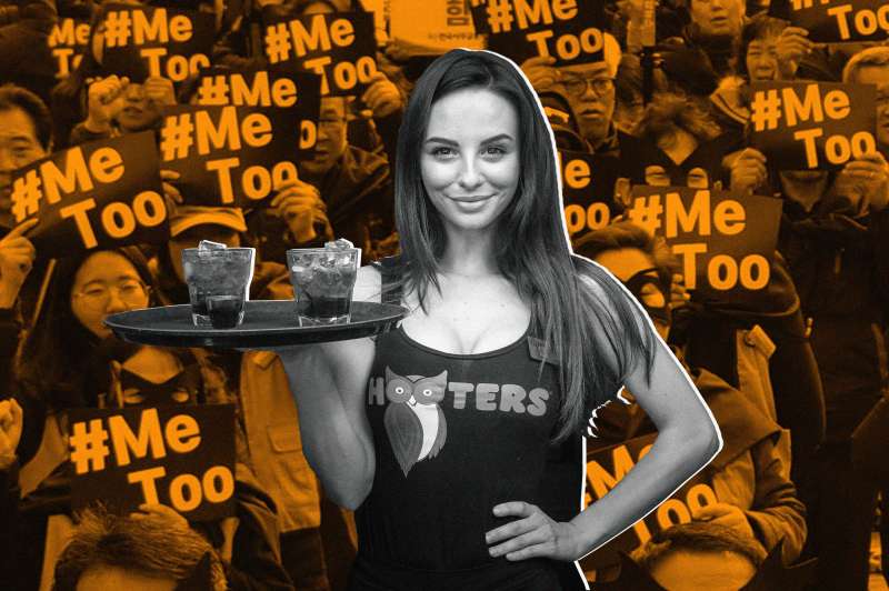 illustration of hooters girl in front of #metoo protest