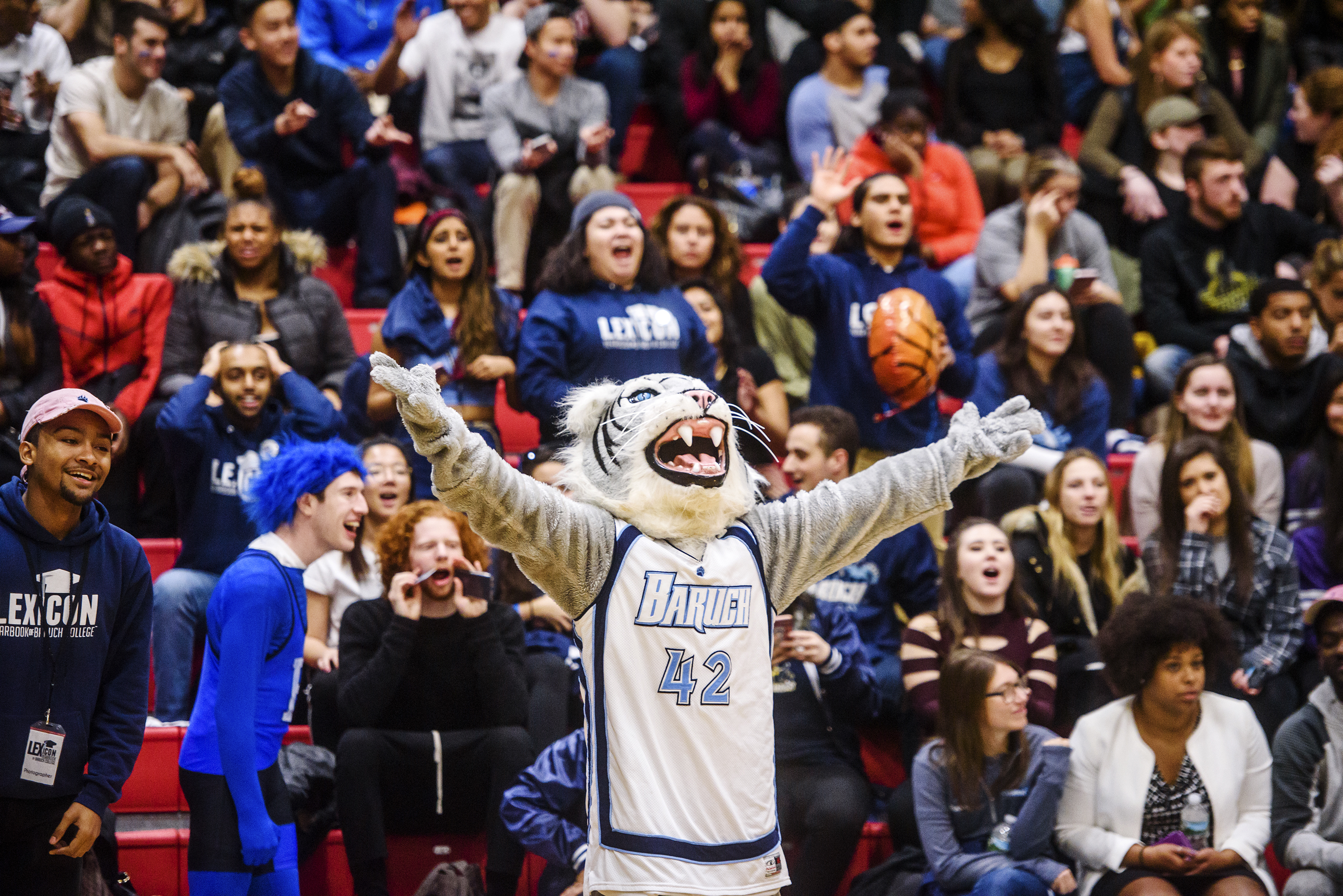 Baruch College's Bearcat cheers on the basketball team.