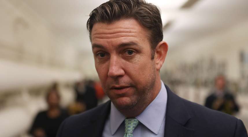 Rep. Duncan Hunter (R-CA) speaks to the media before a painting he found offensive and removed is rehung on the U.S. Capitol walls on January 10, 2017 in Washington, DC.