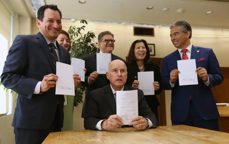 Jerry Brown, Anthony Rendon, Toni Atkins, Bob Hertzberg, Tani Canil-Sakauye, Rob Bonta
