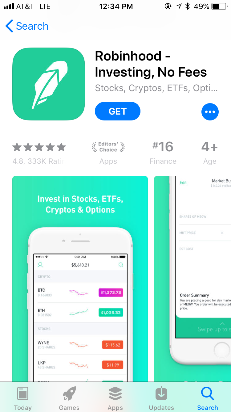 Download screen for Robinhood app in the App Store