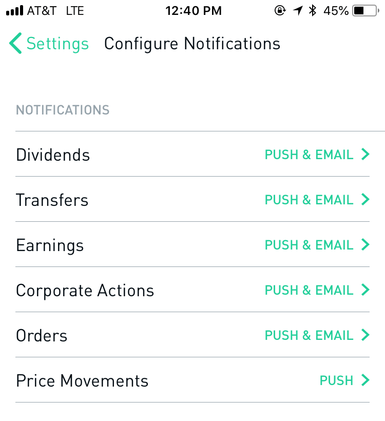 Default notification settings for Robinhood users. The app allows you to customize these or turn individual ones off.
