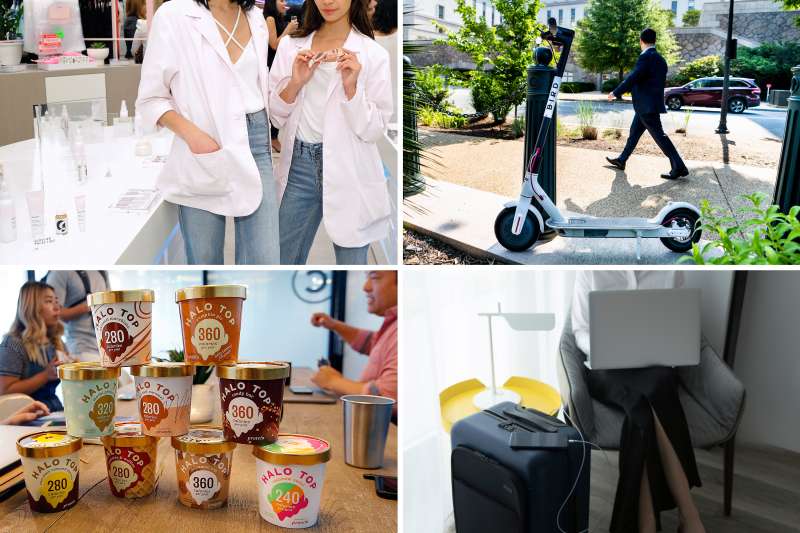 (clockwise from top left) Glossier, Bird Scooters, Away luggage, Halo Top ice cream