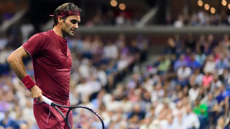 Roger Federer of Switzerland looks dejected against John Millman of Australia in the fourth round of the US Open at the USTA Billie Jean King National Tennis Centre on September 03, 2018 in New York City, United States.