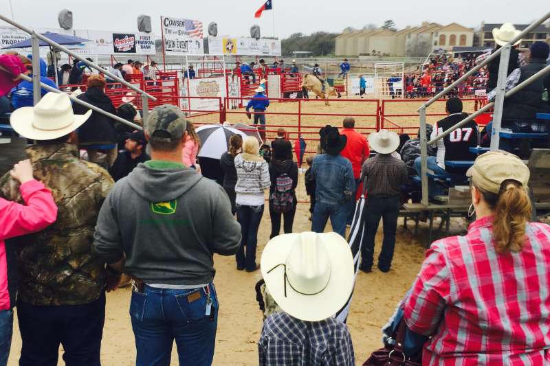 A crowd watches a cowboy ride a bull, Granbury, Texas.