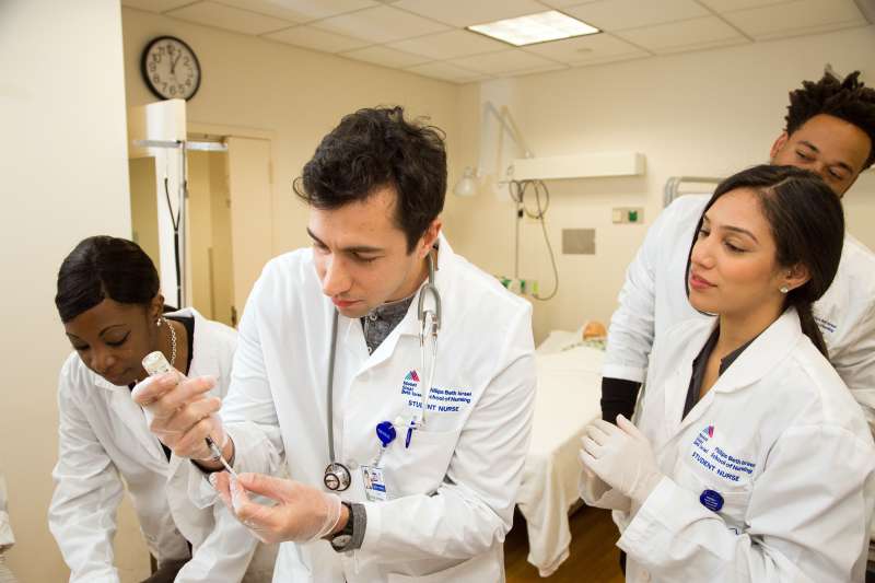 Students at the Phillips School of Nursing at Mount Sinai Beth Israel in class at the Hillman Nursing Skills Lab in the school.