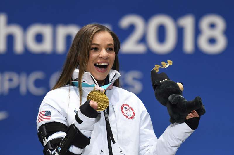 Oksana Masters (US), winner of the gold medal in the women's sitting 5km cross-country ski event, during the medal ceremony at the XII Winter Paralympics in PyeongChang.