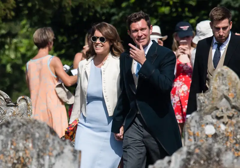 Princess Eugenie and fiance Jack Brooksbank attend the wedding of Charlie Van Straubenzee on August 4, 2018 in Frensham, United Kingdom.