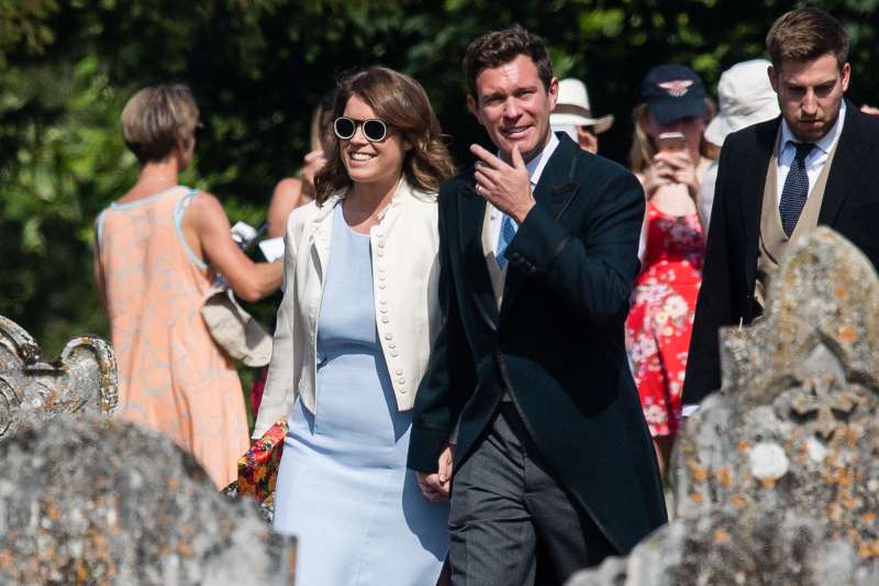 Princess Eugenie and fiance Jack Brooksbank attend the wedding of Charlie Van Straubenzee on August 4, 2018 in Frensham, United Kingdom.