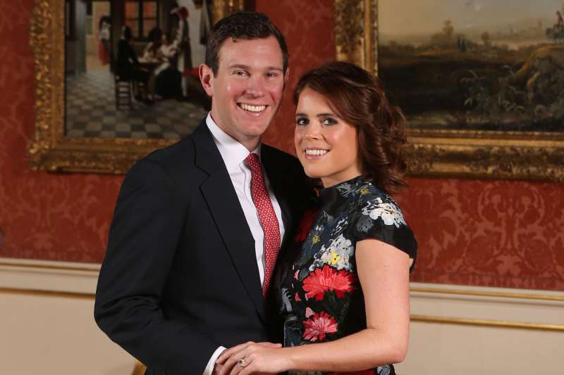 Princess Eugenie and Jack Brooksbank in the Picture Gallery at Buckingham Palace after they announced their engagement on January 22, 2018 in London, England.
