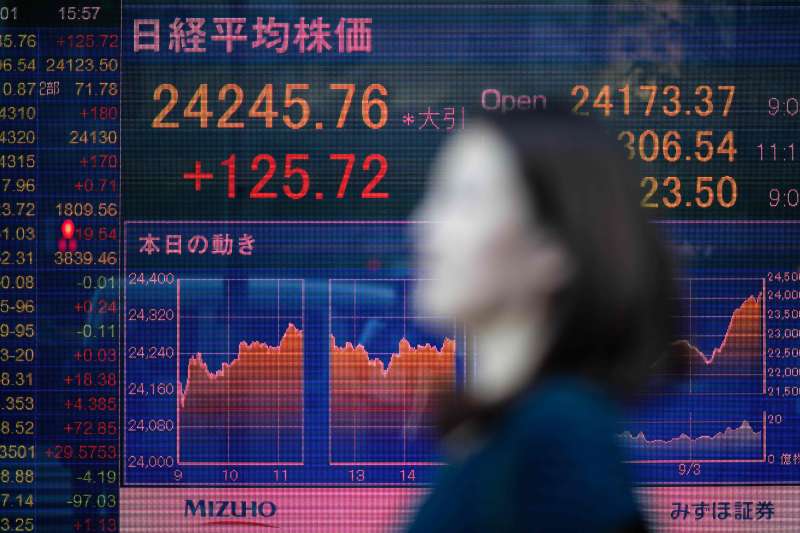 A pedestrian walks past a stock indicator board for the Tokyo Stock Exchange being displayed in a window of a securities company in Tokyo on October 1, 2018.