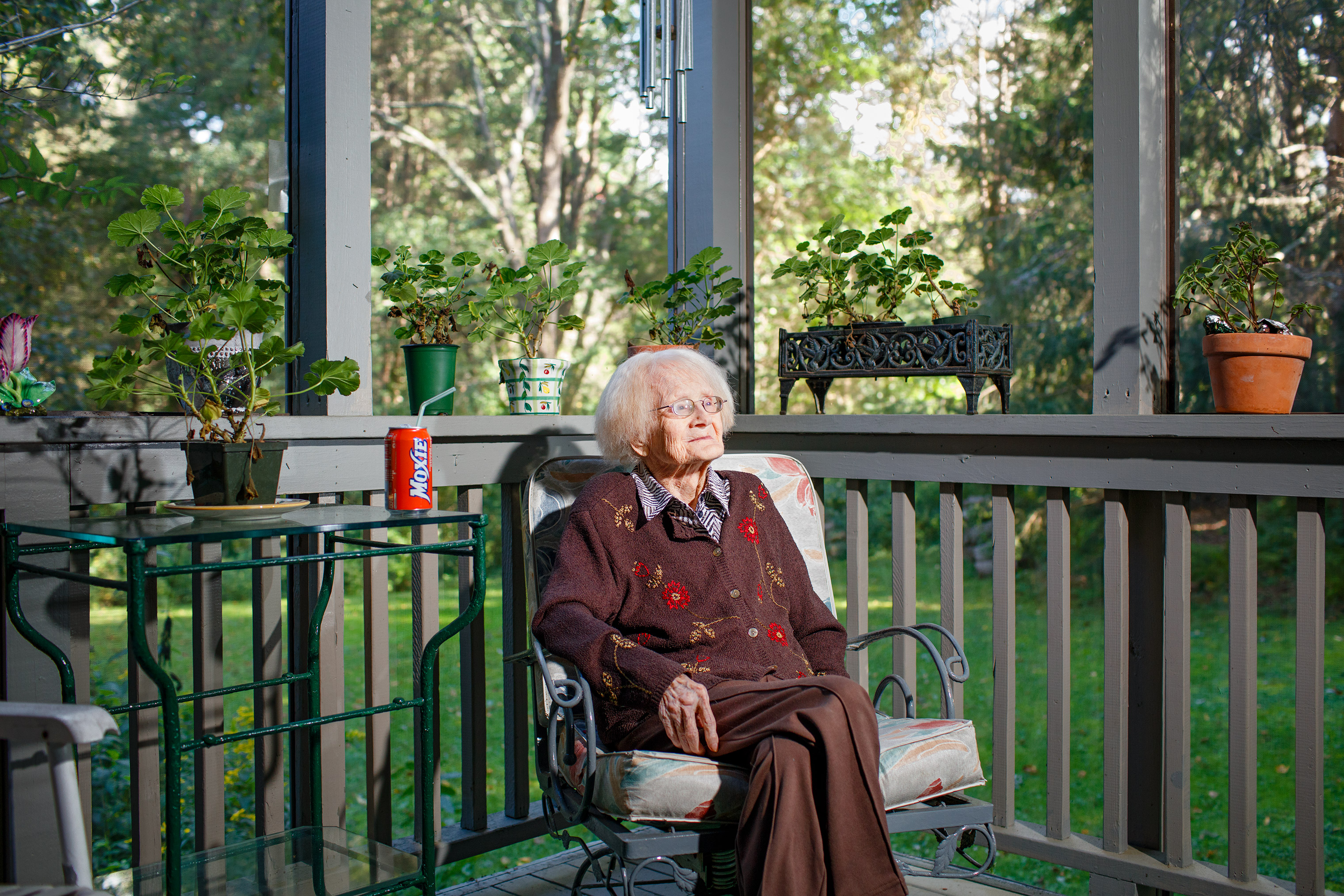 Patricia Lyons Harrington, age 105, on her porch at home in Essex, Mass.
