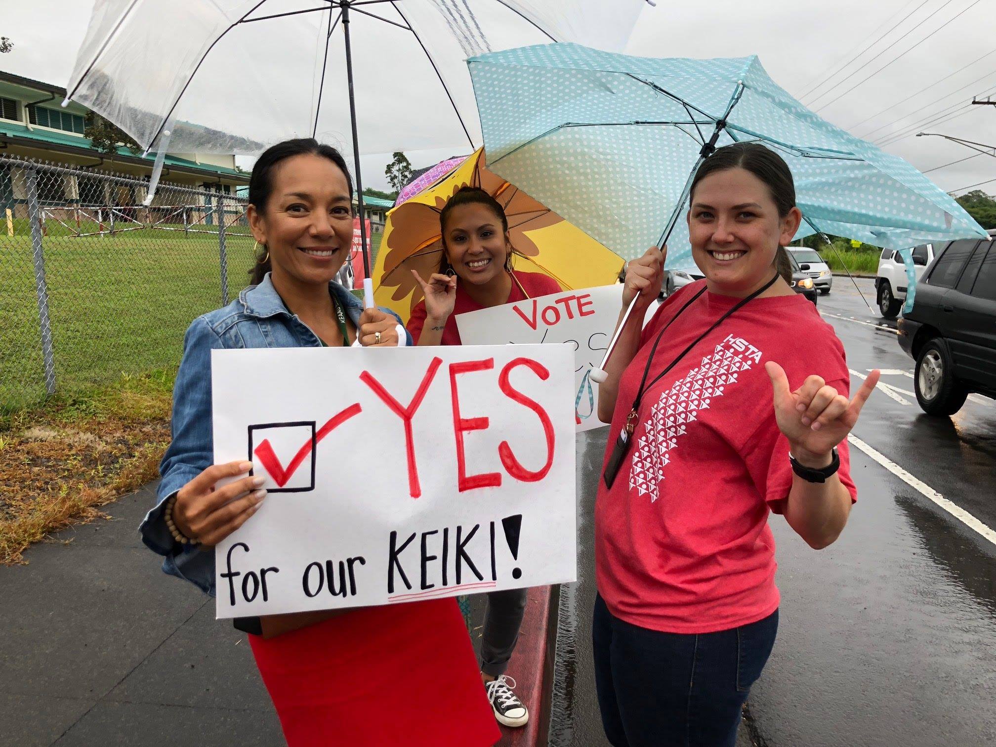 Teachers from Keaau Elementary School in Hilo on Hawaii’s Big Island campaigned for the constitutional amendment before school in October 2018.