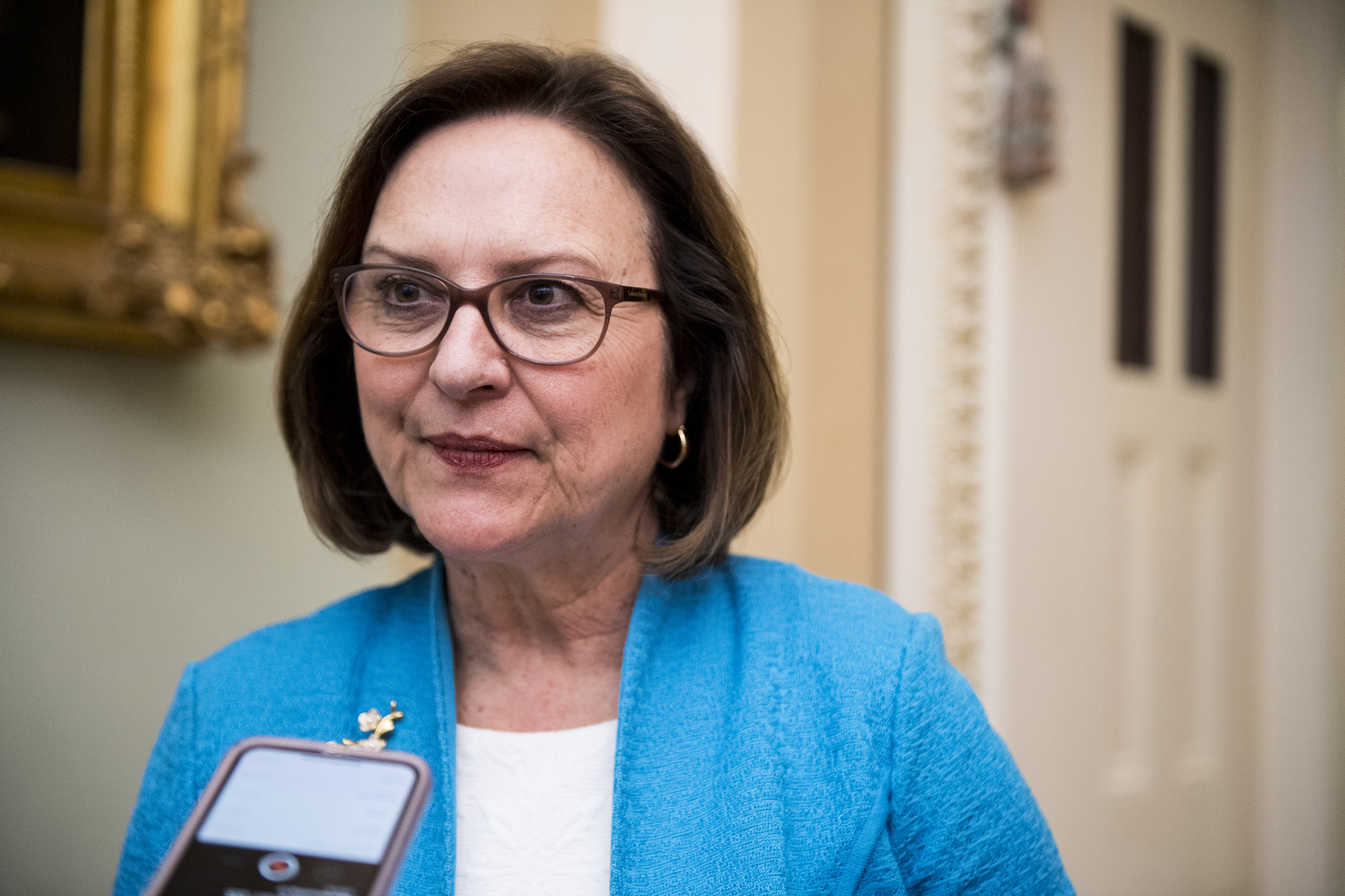 Sen. Deb Fischer, R-Neb., speaks with reporters in the Capitol on April 24, 2018.